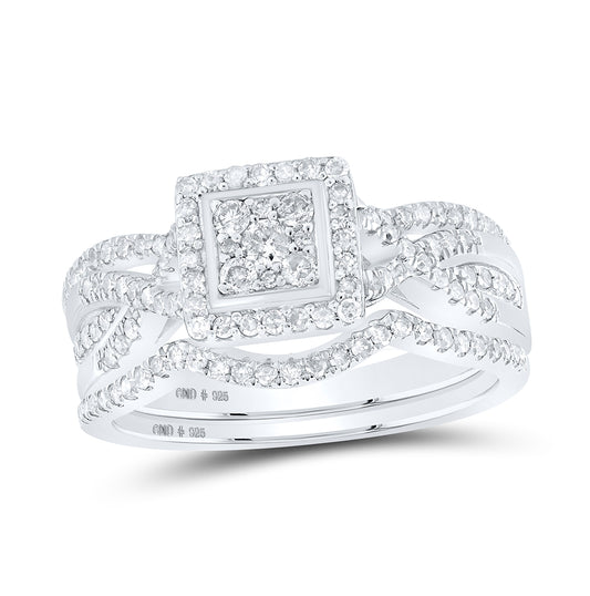 Sterling Silver Round Diamond Square Bridal Wedding Ring Band Set 5/8 Cttw, Womens Size: 5-10