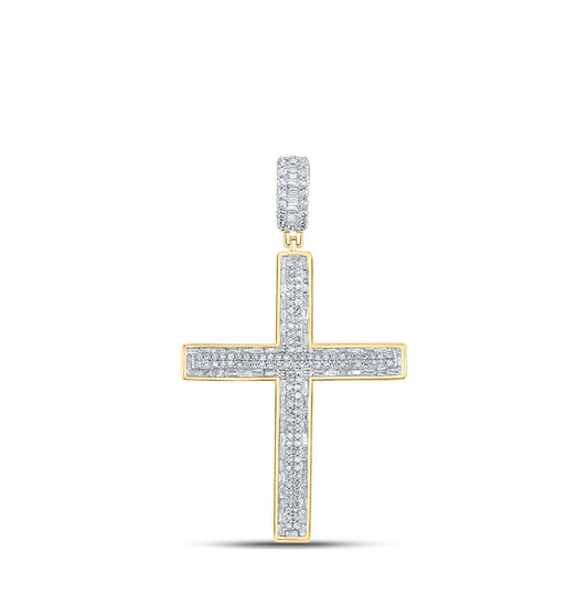 10K Yellow Gold Mens Baguette Diamond Cross Charm Pendant 1ctw