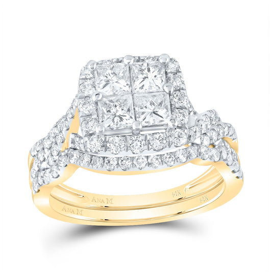 14K White Or Yellow Gold Princess Diamond Square Bridal Wedding Ring Band Set, Womens Size: 5-10