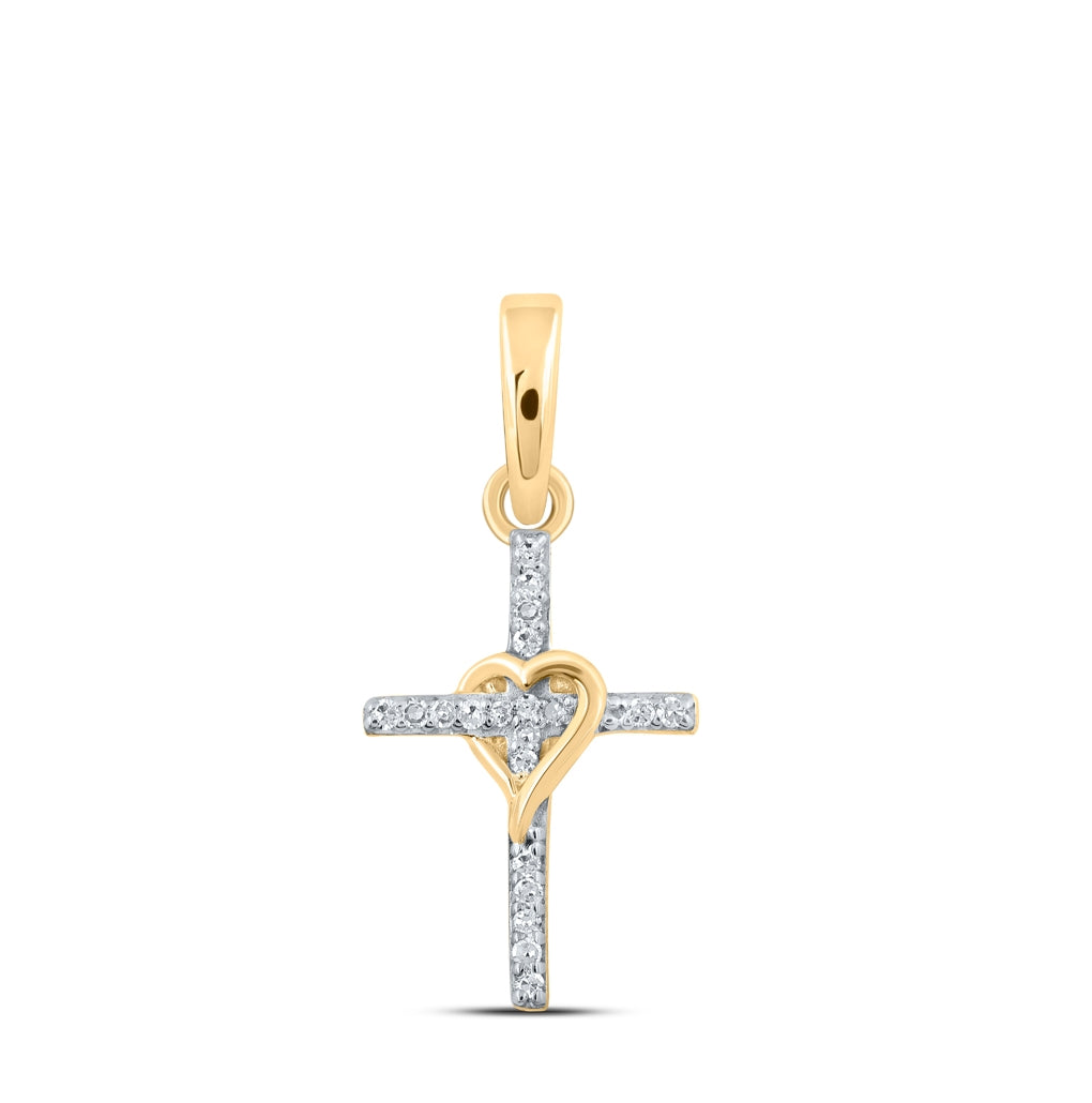 10K Yellow Or White Or Rose Gold Womens Round Diamond Heart Cross Pendant