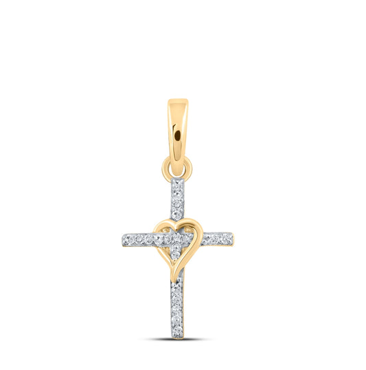 10K Yellow Or White Or Rose Gold Womens Round Diamond Heart Cross Pendant