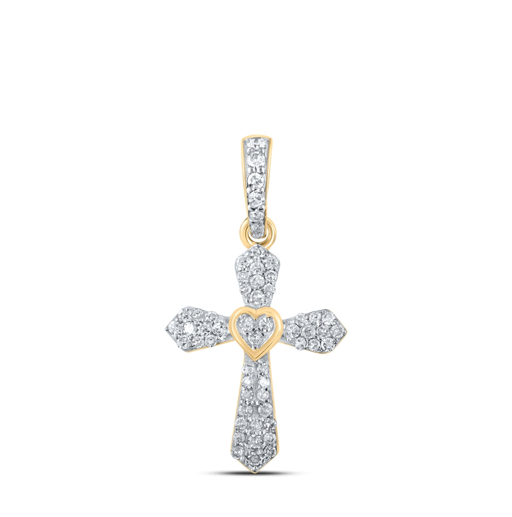 10K White Or Yellow Gold Womens Round Diamond Heart Cross Pendant