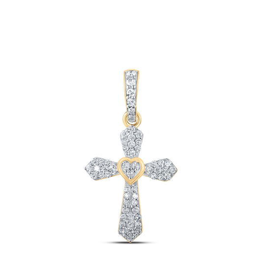 10K White Or Yellow Gold Womens Round Diamond Heart Cross Pendant