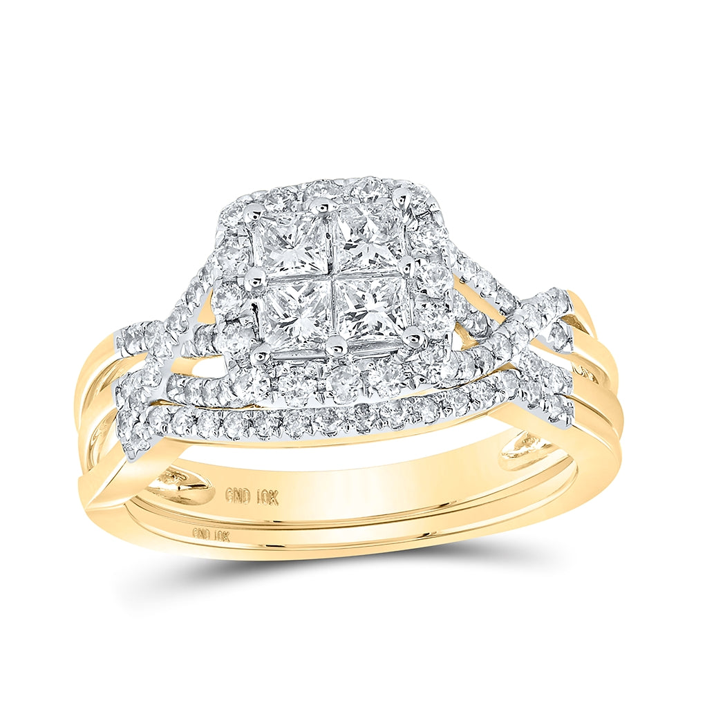 10K Yellow Or White Gold Princess Diamond Square Bridal Wedding Ring Band Set 1 Cttw, Womens Size: 5-10