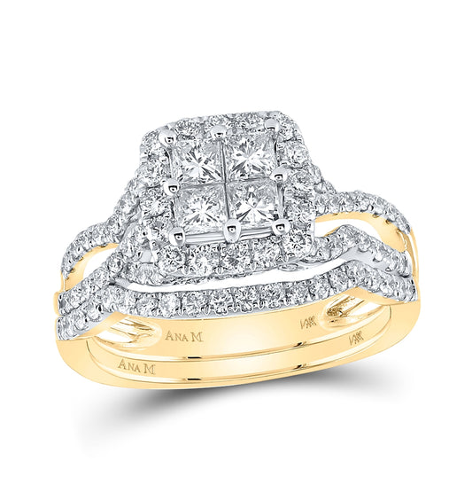 14K Yellow Gold Princess Diamond Bridal Wedding Ring Band Set 1-1/2ctw, Womens Size: 5-10