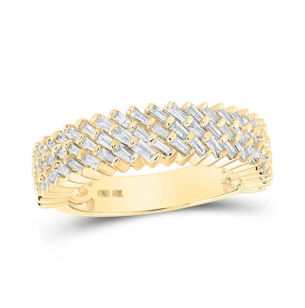 10K Yellow Gold Mens Baguette Diamond Triple Row Diagonal Band Ring 1 Cttw, Mens Size: 7-13