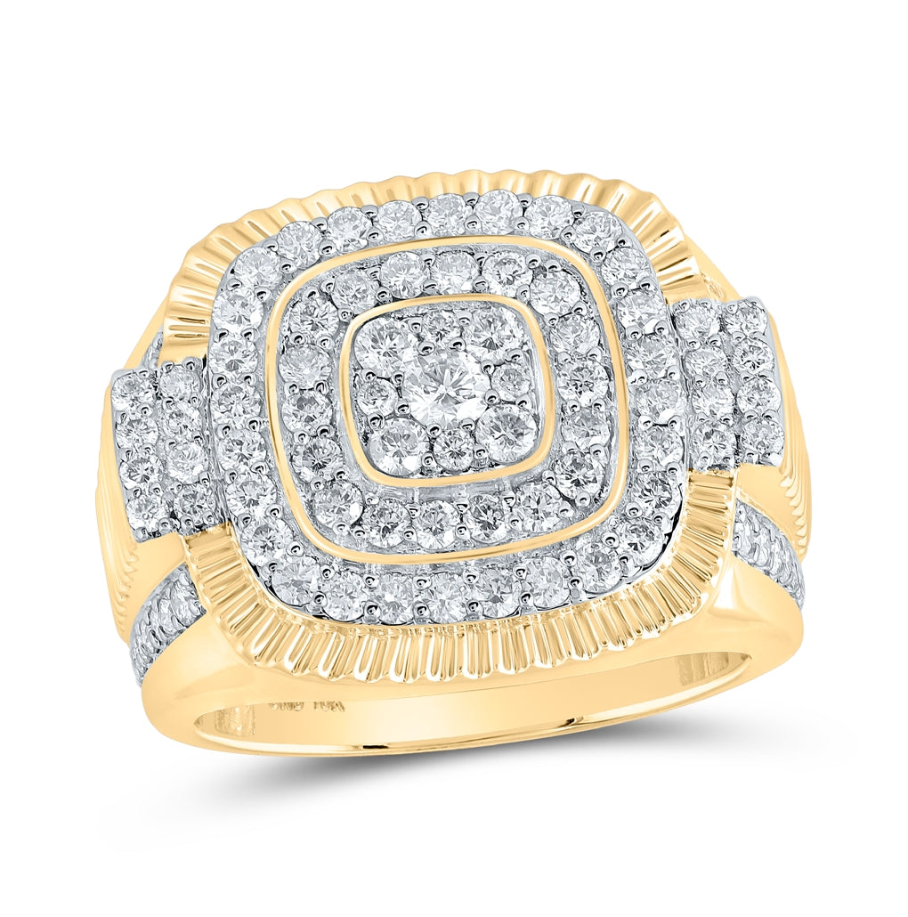 10K Yellow Gold Mens Round Diamond Fluted Square Ring 1-7/8 Cttw, Mens Size: 7-13