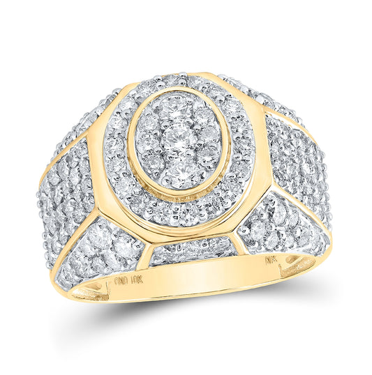 10K Yellow Gold Mens Round Diamond Oval Ring 3 Cttw, Mens Size: 7-13