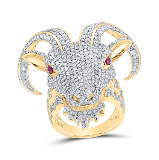 10kt Yellow Gold 5 7/8ctw Diamond Nk 1/5ct Ruby Goat Mens Ring