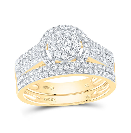 10K Yellow Gold Round Diamond Cluster Bridal Wedding Ring Band Set 3/4 Cttw, Womens Size: 5-10
