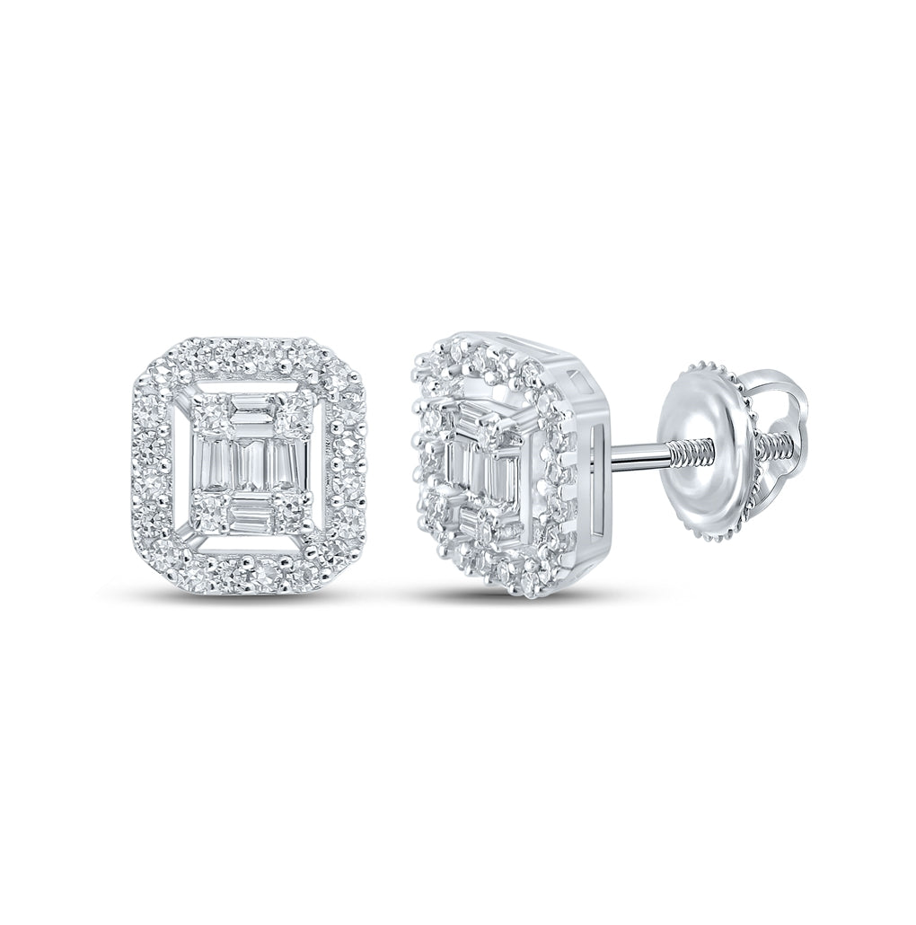 14K White Gold Baguette Diamond Cluster Earrings 1/4 Cttw