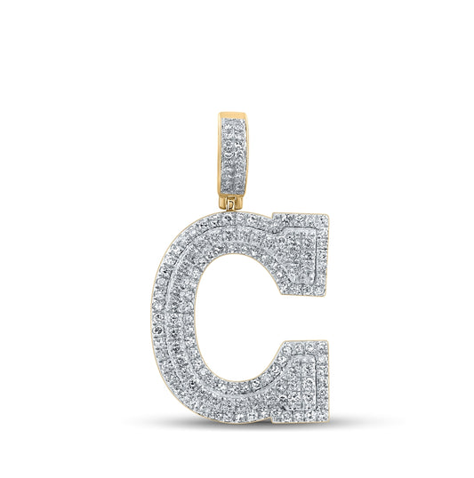 14K Yellow Gold Mens Round Diamond C Initial Letter Charm Pendant 1-5/8 Cttw