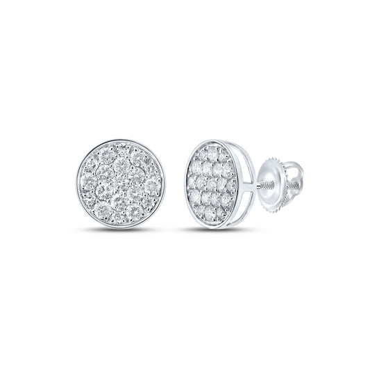 14K White Gold Round Diamond Button Cluster Earrings 1/2 Cttw