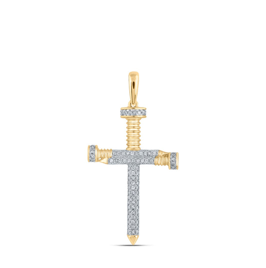 14K Yellow Gold Mens Round Diamond Nail Cross Charm Pendant 1/3 Cttw