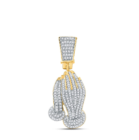14K Yellow Gold Mens Round Diamond Prayer Hands Charm Pendant 3/8 Cttw, Length: 1.16 In, Width: 0.49 In