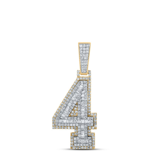 14K Two-tone Gold Mens Baguette Diamond Number 4 Charm Pendant 1-1/2 Cttw