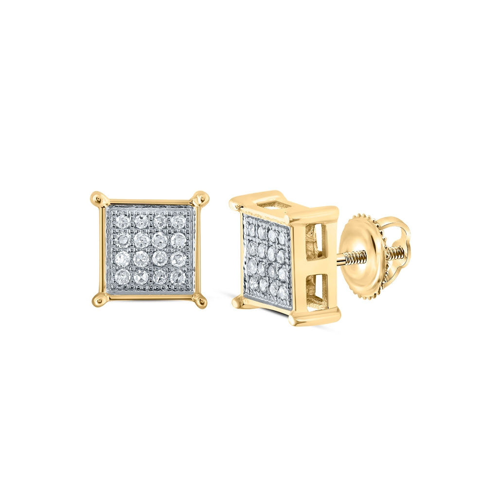 14K Yellow Gold Womens Round Diamond Square Earrings 1/10 Cttw