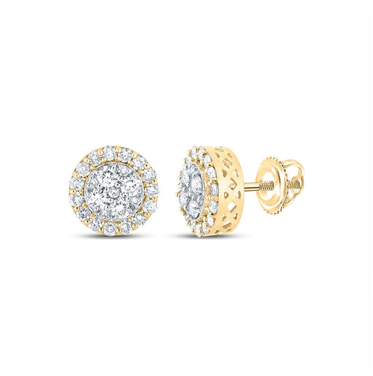 14K Yellow Gold Round Diamond Cluster Earrings 7/8 Cttw, Length: 0.34 In, Width: 0.34 In