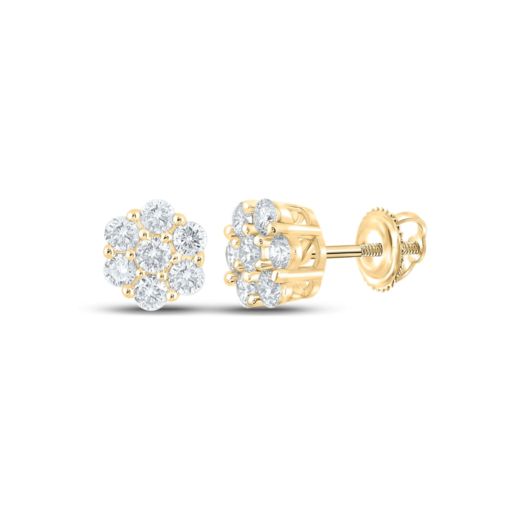 14K White Or Yellow Gold Round Diamond Flower Cluster Earrings