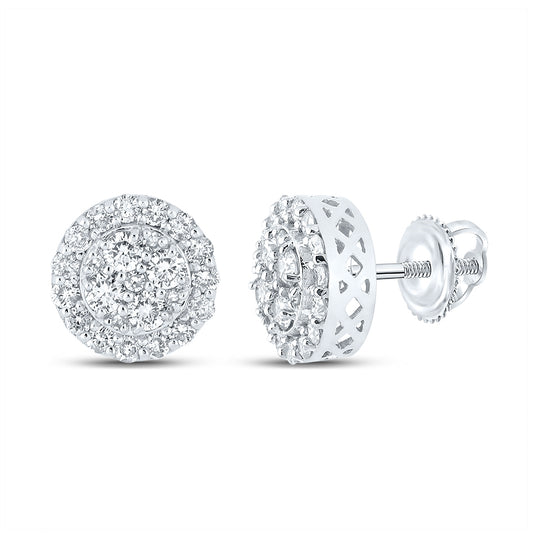 14K White Gold Round Diamond Cluster Earrings 7/8 Cttw, Length: 0.34 In, Width: 0.34 In