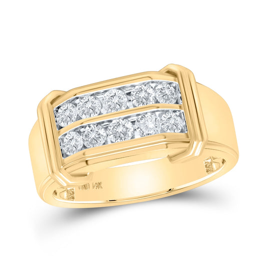 14K Yellow Gold Mens Round Diamond Double Row Band Ring 7/8 Cttw, Mens Size: 7-13
