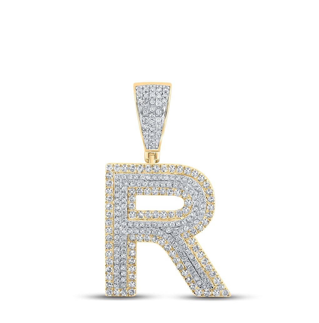 14K Two-tone Gold Mens Round Diamond Initial Letter Charm Pendant