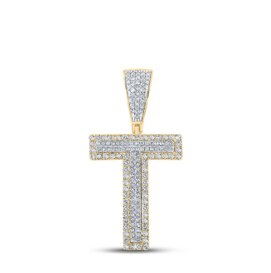 14K Two-tone Gold Mens Round Diamond T Initial Letter Charm Pendant 5/8 Cttw