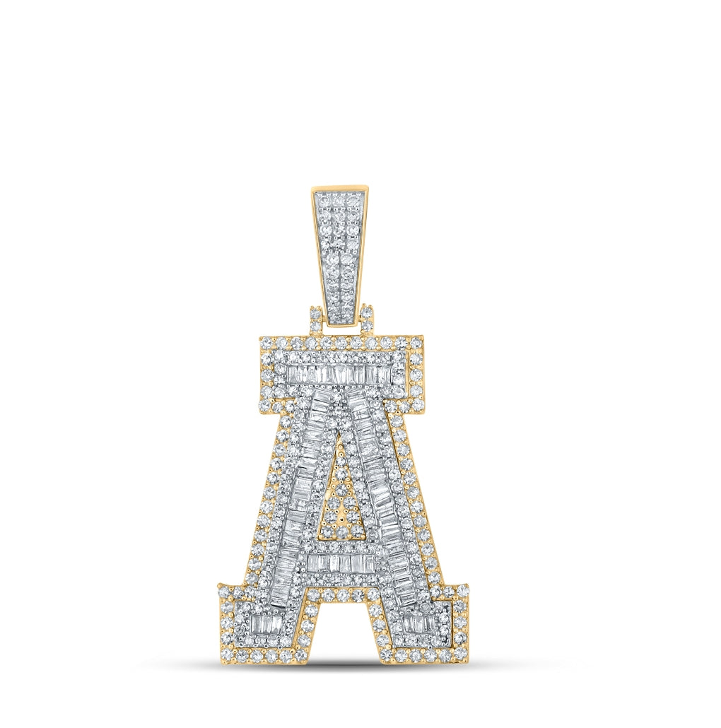 14K Two-tone Gold Mens Baguette Diamond Initial Letter Charm Pendant