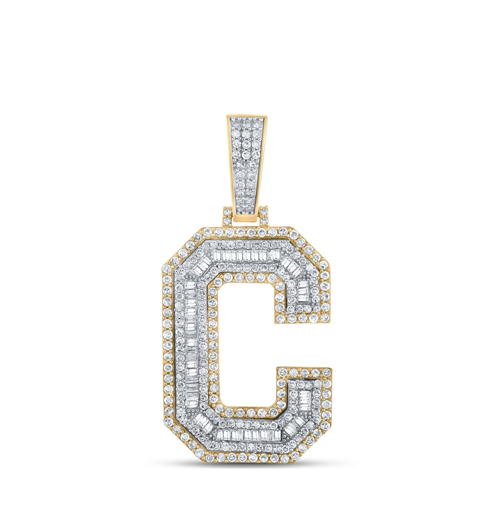 14K Two-tone Gold Mens Baguette Diamond Initial Letter Charm Pendant