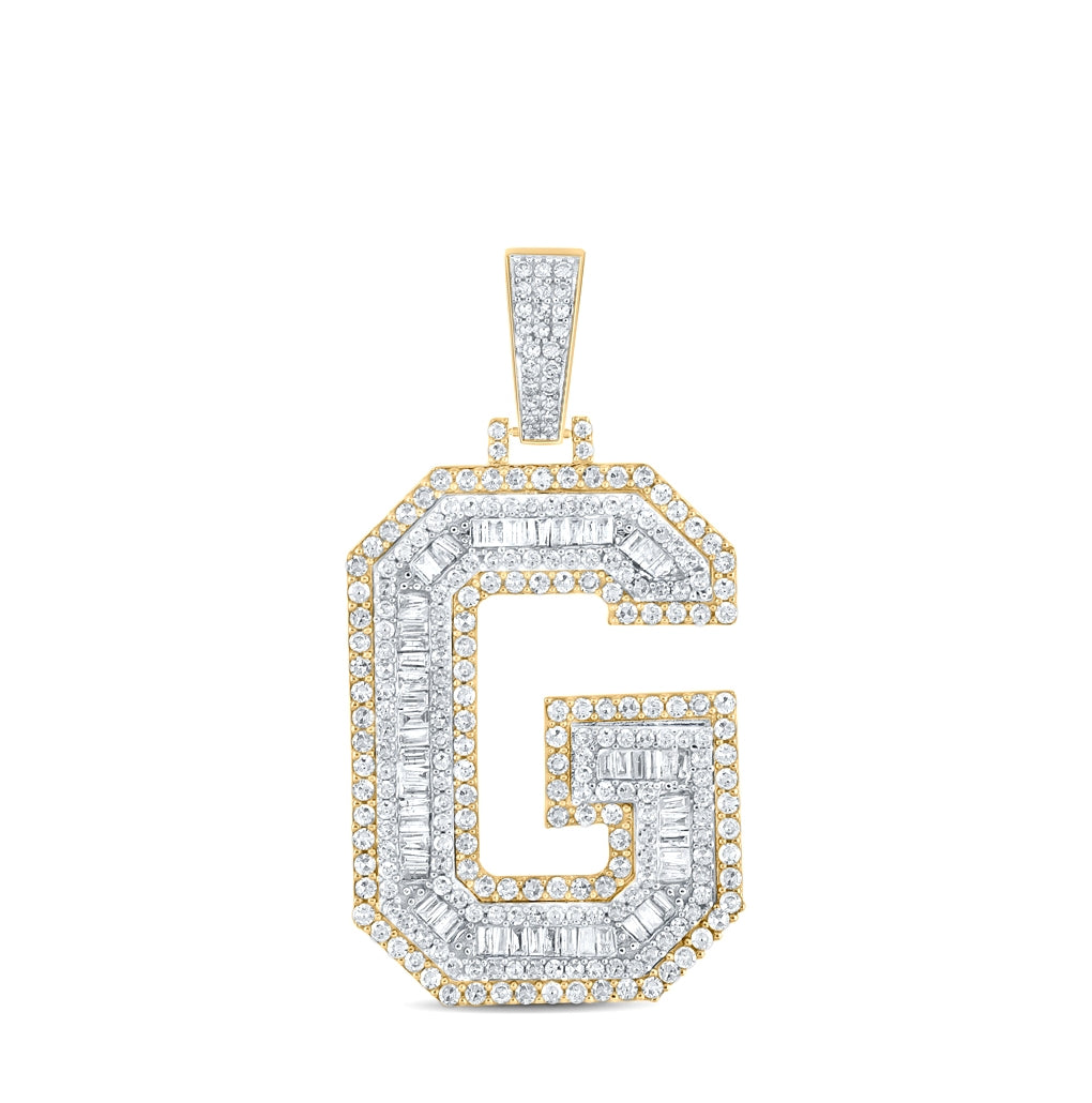 14K Two-tone Gold Mens Baguette Diamond Initial Letter Charm Pendant