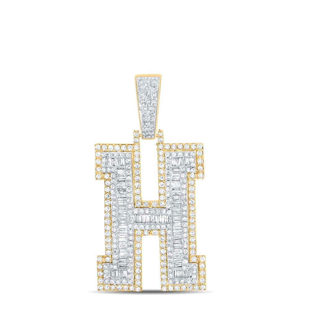 14K Two-tone Gold Mens Baguette Diamond Initial Letter Charm Pendant