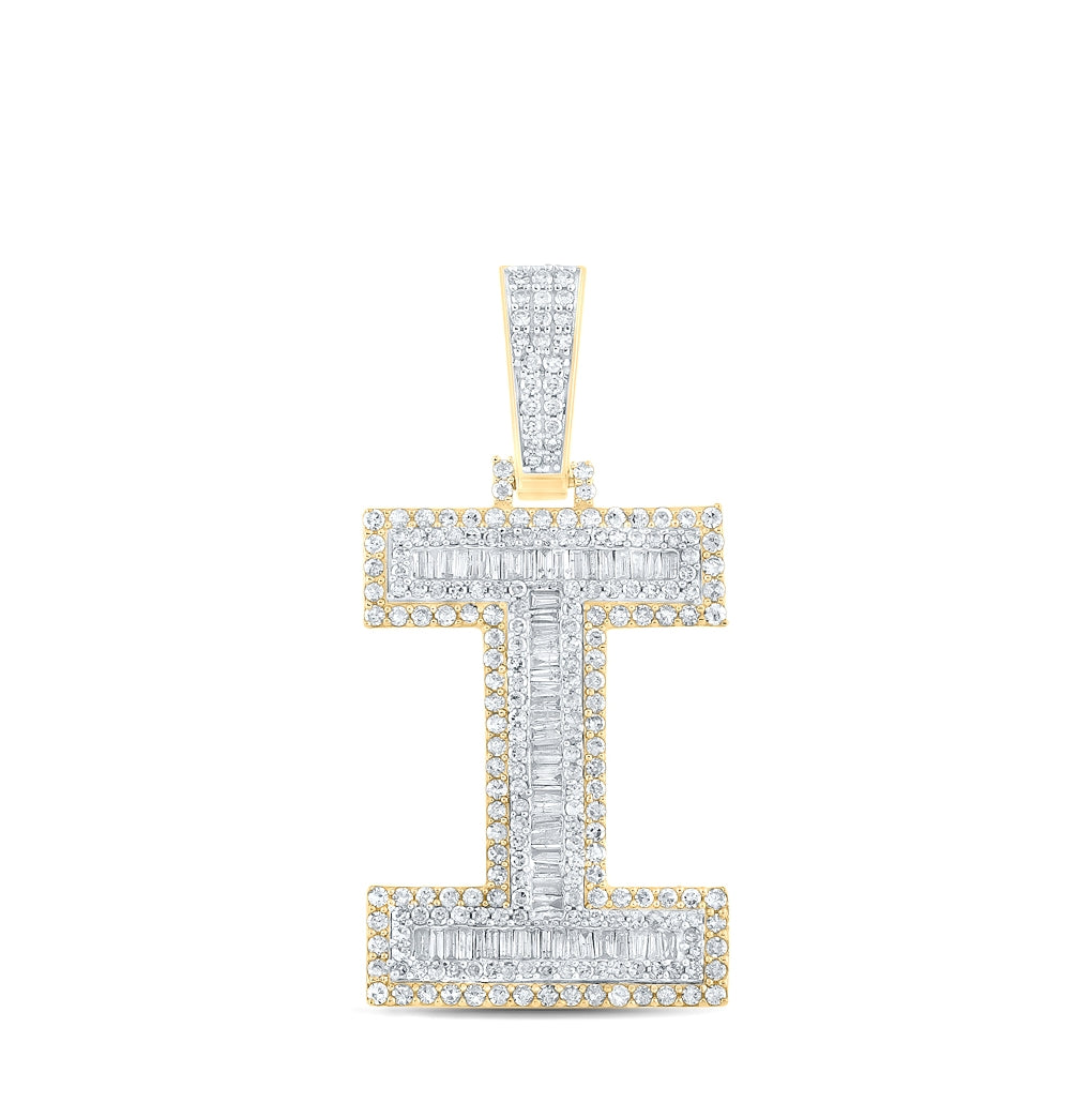 14K Two-tone Gold Mens Baguette Diamond Initial Letter Charm Pendant