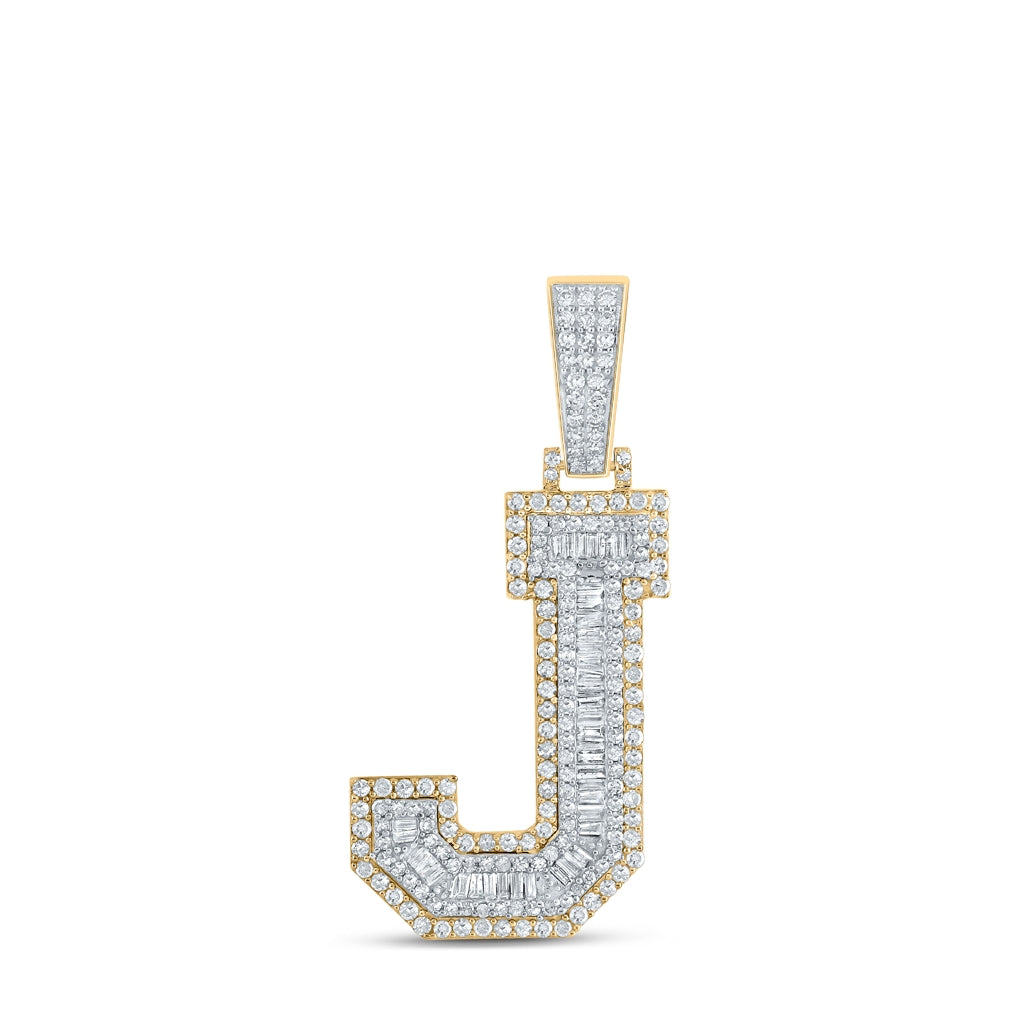 14K Two-tone Gold Mens Baguette Diamond Initial Letter Charm Pendant