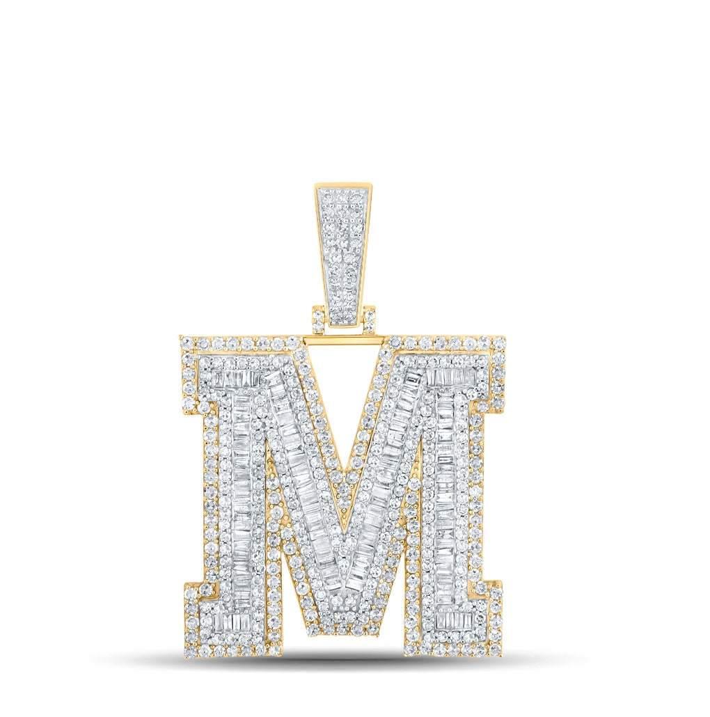 14K Two-tone Gold Mens Baguette Diamond Initial Letter Charm Pendant