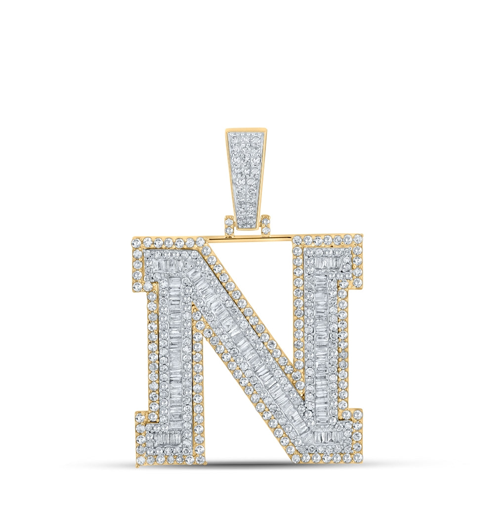 14K Two-tone Gold Mens Baguette Diamond Initial Letter Charm Pendant