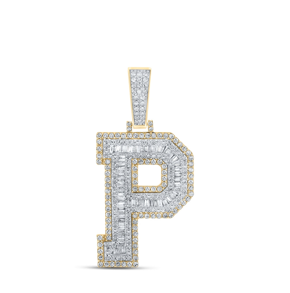 14K Two-tone Gold Mens Baguette Diamond Initial Letter Charm Pendant