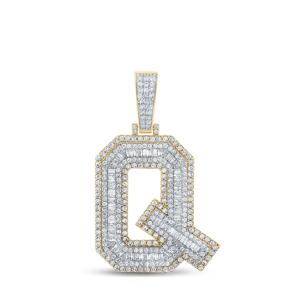 14K Two-tone Gold Mens Baguette Diamond Initial Letter Charm Pendant