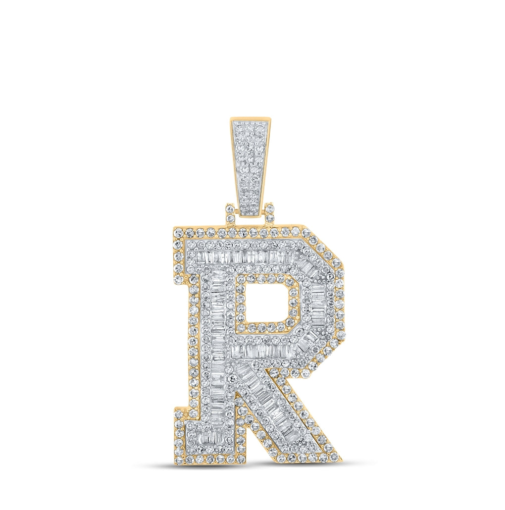 14K Two-tone Gold Mens Baguette Diamond Initial Letter Charm Pendant