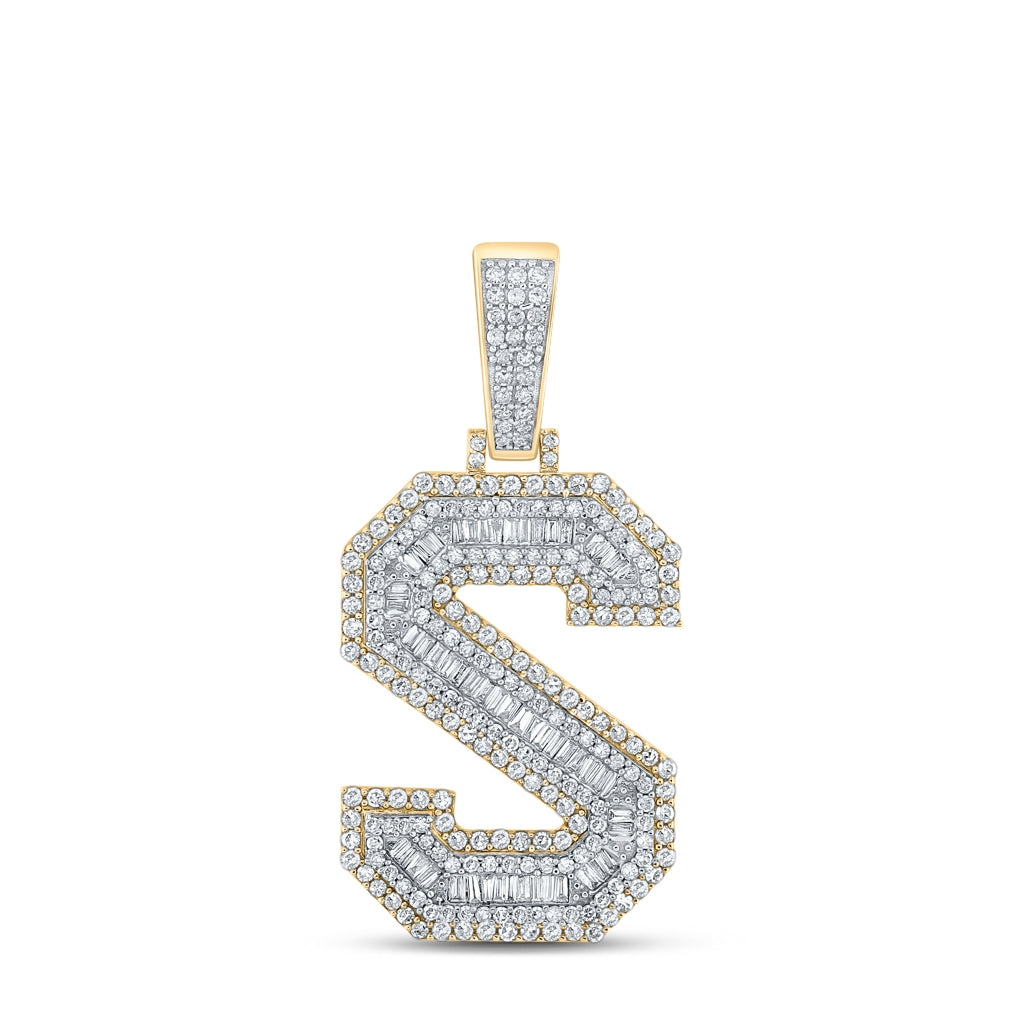 14K Two-tone Gold Mens Baguette Diamond Initial Letter Charm Pendant