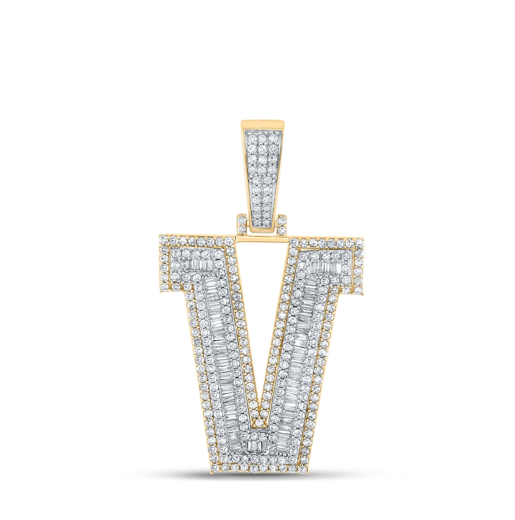 14K Two-tone Gold Mens Baguette Diamond Initial Letter Charm Pendant