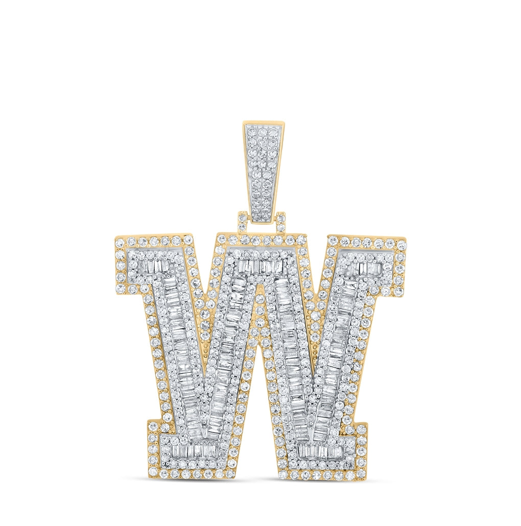 14K Two-tone Gold Mens Baguette Diamond Initial Letter Charm Pendant