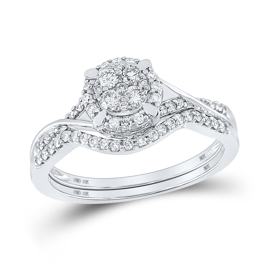 10K White Gold Round Diamond Cluster Bridal Wedding Ring Band Set 3/8 Cttw, Womens Size: 5-10
