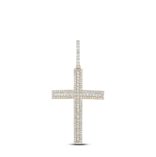 10K Yellow Gold Mens Round Diamond Cross Charm Pendant 4 Cttw, Length: 3.04 In, Width: 1.55 In
