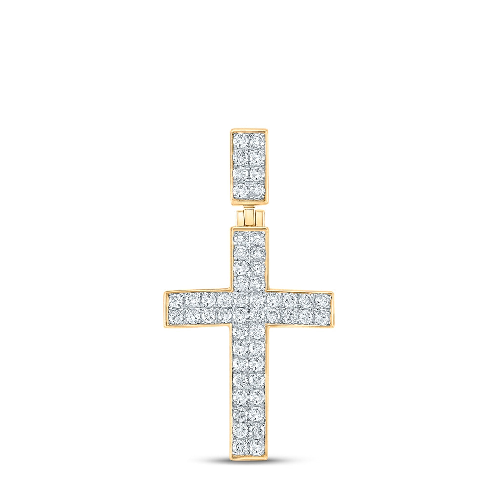 10K Yellow Gold Mens Round Diamond Cross Charm Pendant 1ctw, Length: 1.54 Inch Width: 0.78 Inch