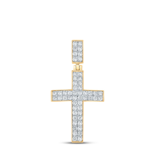 10K Yellow Gold Mens Round Diamond Cross Charm Pendant 1ctw, Length: 1.54 Inch Width: 0.78 Inch