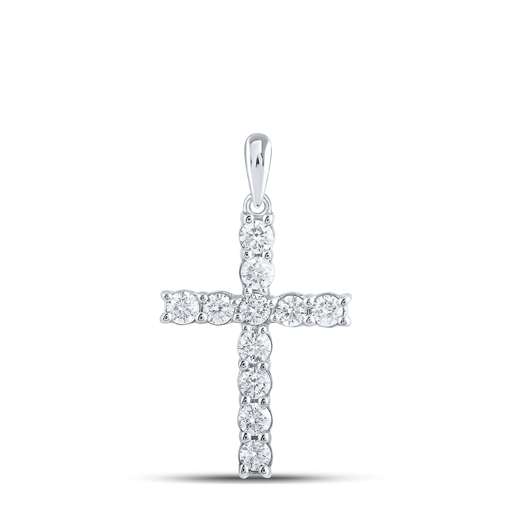 10K White Gold Womens Round Diamond Cross Pendant 3/4 Cttw, Length: 1.07 In