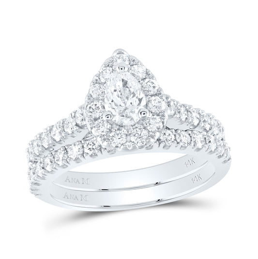 14K White Gold Pear Diamond Halo Bridal Wedding Ring Band Set 1-3/4ctw, Womens Size: 5-10