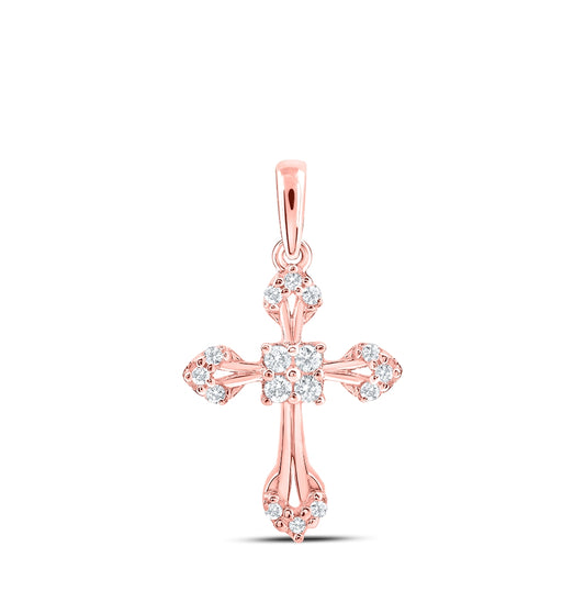 10K Rose Gold Womens Round Diamond Cross Pendant 1/6 Cttw, Length: 0.63 In