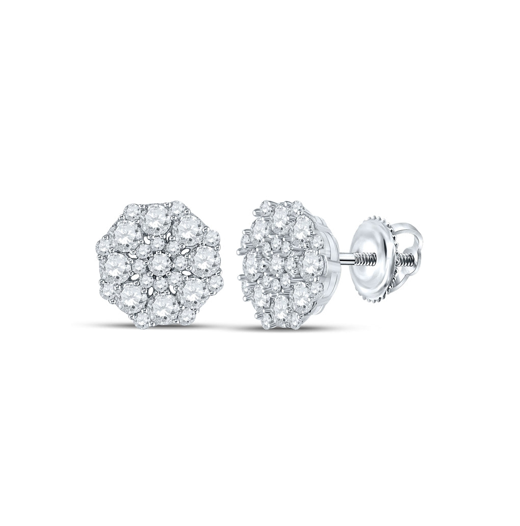 14K White Gold Womens Round Diamond Octagon Cluster Earrings 1-1/4 Cttw, Length: 0.33 In, Width: 0.33 In