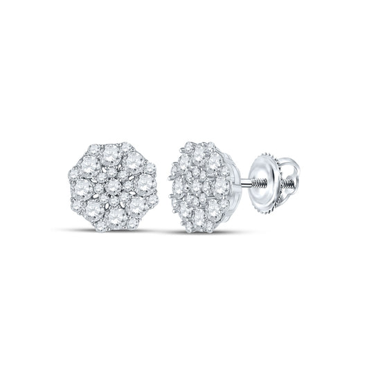 14K White Gold Womens Round Diamond Octagon Cluster Earrings 1-1/4 Cttw, Length: 0.33 In, Width: 0.33 In